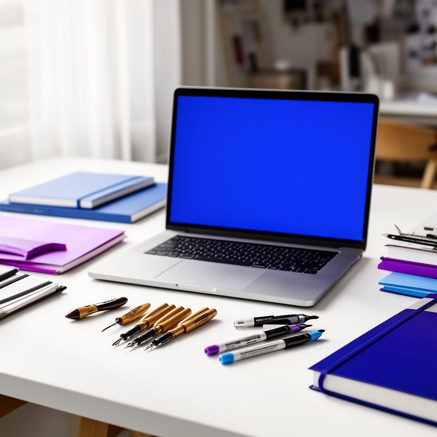Modern creative office desk with sketchbooks, calligraphy tools and a laptop near natural light