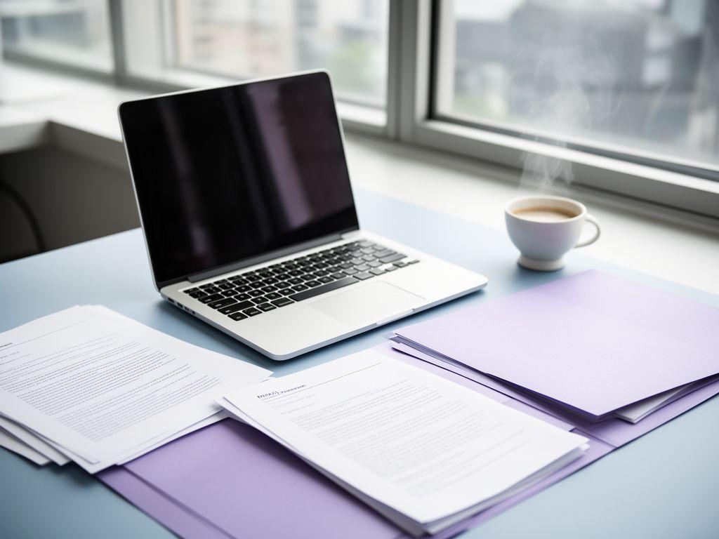Mesa de trabajo con documentos legales, portátil y una taza junto a una ventana luminosa en una oficina moderna de Madrid